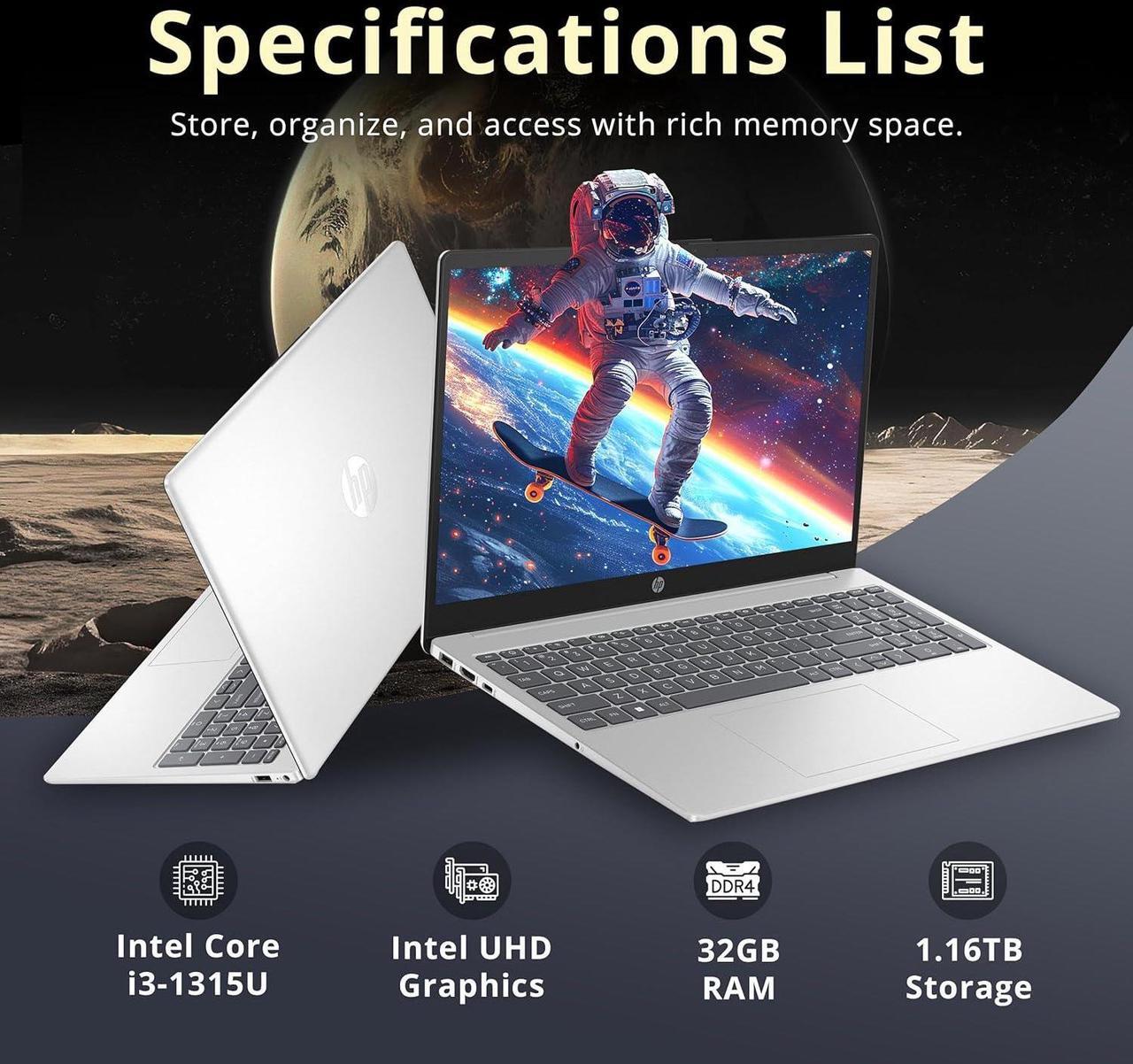 Alt view image 3 of 7 - HP 15.6" HD Touchscreen Laptop, Intel i3-1315U, 32GB DDR4 RAM, 1.16TB Storage(1TB SSD + 160GB Docking Station Set), Intel UHD Graphics, Num Pad, 720p HD Camera, Windows 11 Pro, Silver