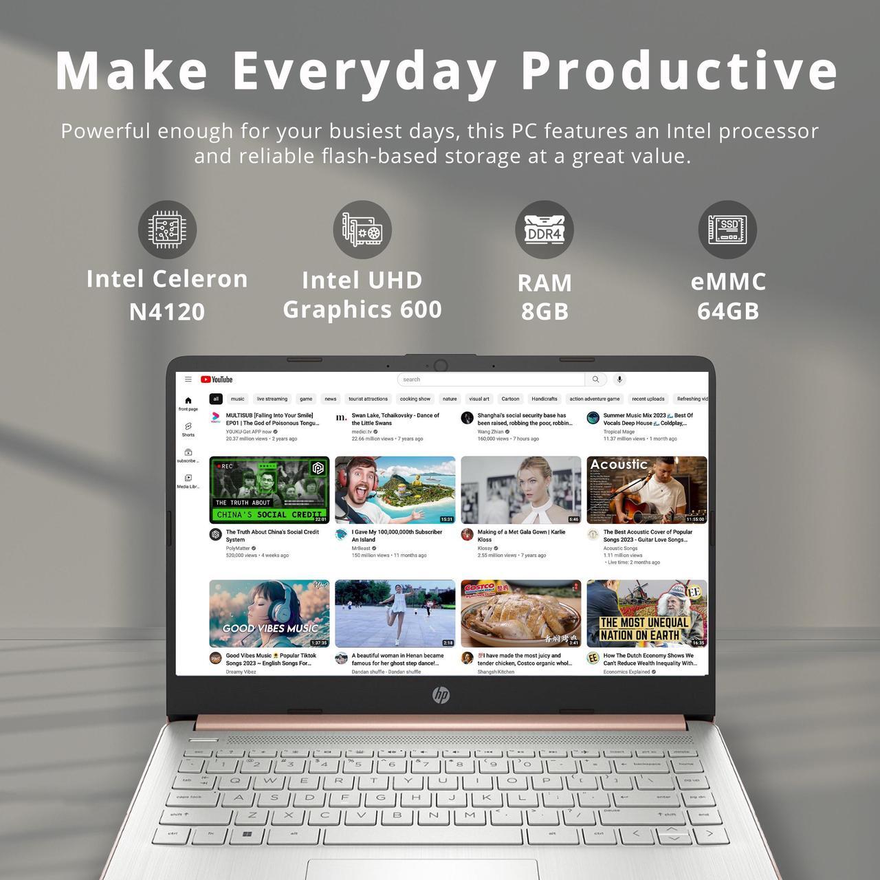 Alt view image 2 of 7 - HP Premium 14" Stream HD Laptop, Intel Celeron N4120 CPU, 8GB RAM, 64GB eMMC, Webcam, UHD Graphics, Bluetooth, WiFi, HDMI, 1 Year Office 365, Win 11 S, Gold, 32GB Hotface USB Card