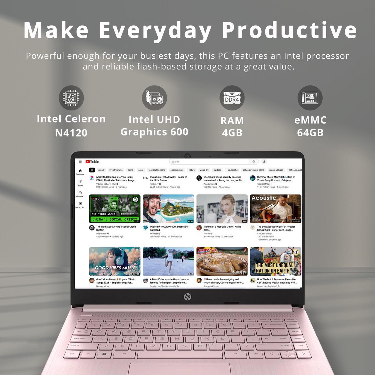 Alt view image 2 of 7 - HP Premium 14" Stream HD Laptop, Intel Celeron N4120 CPU, 4GB RAM, 64GB eMMC, Webcam, UHD Graphics, Bluetooth, WiFi, HDMI, 1 Year Office 365, Win 11 S, Pink, 32GB Hotface USB Card