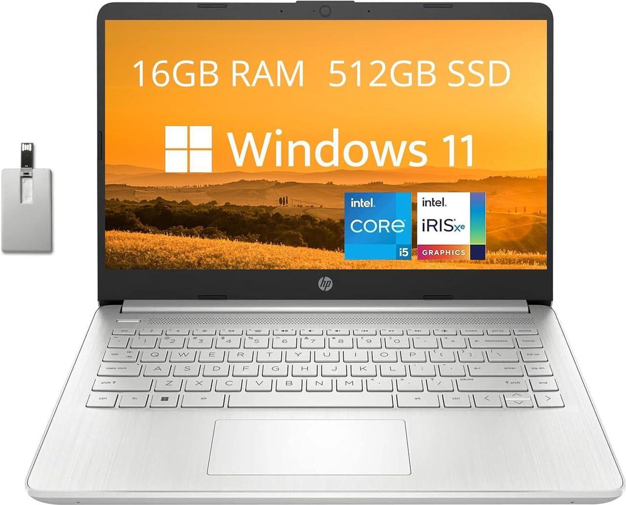 HP 14" HD Laptop, 11th Gen Intel Core i5-1135G7, 16GB RAM, 512GB PCIe SSD, Intel Iris Xe Graphics, HD Webcam, Windows 11, Silver, 32GB Hotface USB Card (Renewed)