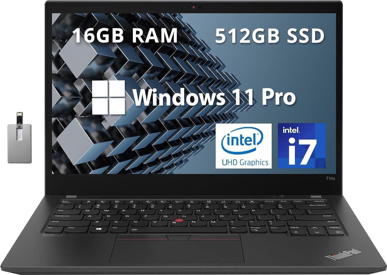 Lenovo Thinkpad T14s Gen 2 14.0" UHD Business Laptop, Intel Core i7-1165G7, 16GB RAM, 512GB SSD, Fingerprint Reader, Backlit Keyboard, WiFi 6E, Bluetooth, Win 11 Pro, Black, 32GB Hotface USB Card