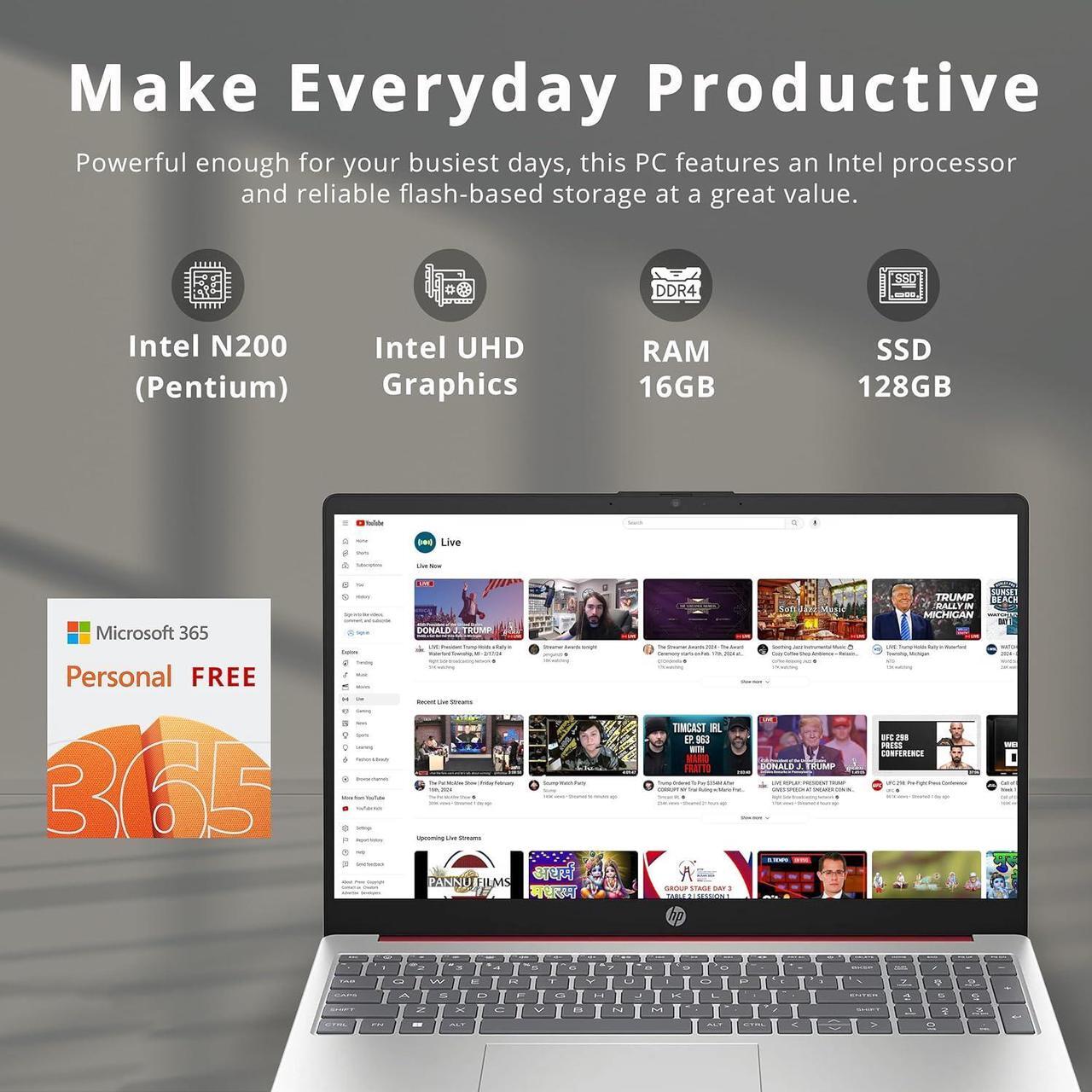 Alt view image 2 of 7 - HP 15.6" HD Anti-Glare Everyday Laptop, Intel N200 Pentium Processor, 16GB DDR4 RAM, 128GB PCIe SSD, 1 Year Office 365, Intel UHD Graphics, Windows 11, Red, 32GB Hotface USB Card 16GB / 128GB PCle SSD