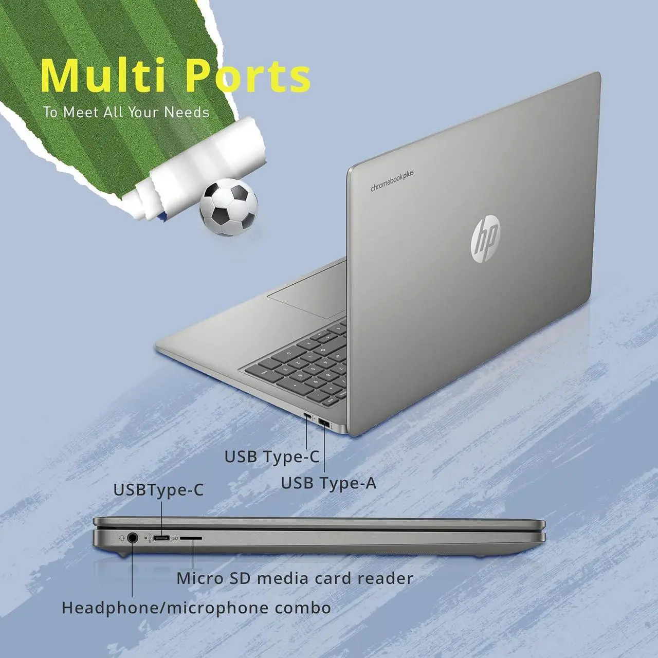Alt view image 3 of 7 - HP Chromebook Plus 15.6" FHD Anti-Glare Sleek Laptop, Intel Core i3-N305, Intel UHD Graphics, 8GB LPDDR5 RAM,128GB UFS, Wi-Fi 6, FHD Camera with Shutter, Chrome OS, Silver, 128GB Hotface USB Card