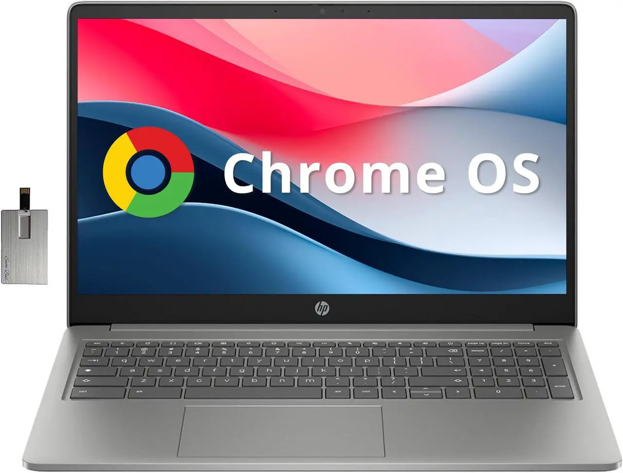 Main image of HP Chromebook Plus 15.6" FHD Anti-Glare Sleek Laptop, Intel Core i3-N305, Intel UHD Graphics, 8GB LPDDR5 RAM,128GB UFS, Wi-Fi 6, FHD Camera with Shutter, Chrome OS, Silver, 128GB Hotface USB Card