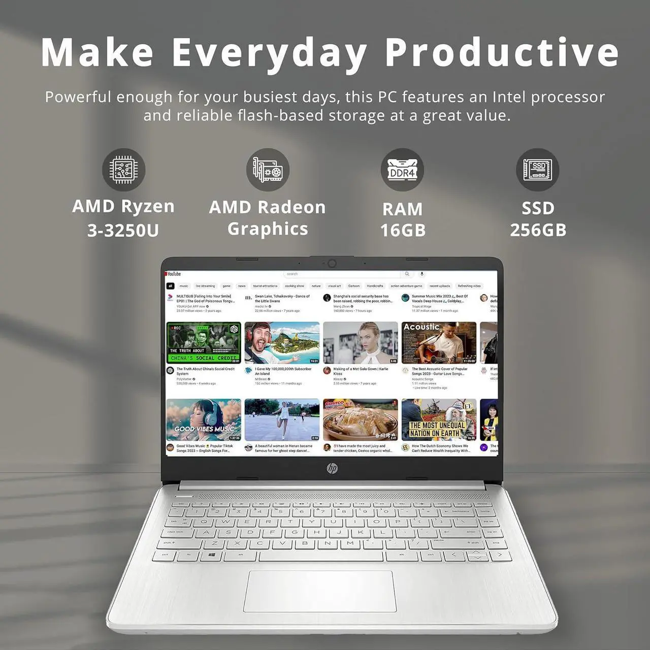 Alt view image 2 of 7 - HP 14" FHD IPS-Type Lightweight Laptop, AMD Ryzen 3-3250U, 16GB RAM, 256GB PCIe SSD, AMD Radeon Graphics, True Vision HD Camera, Wi-Fi 5, Bluetooth, Win 11, Silver, 32GB USB Card