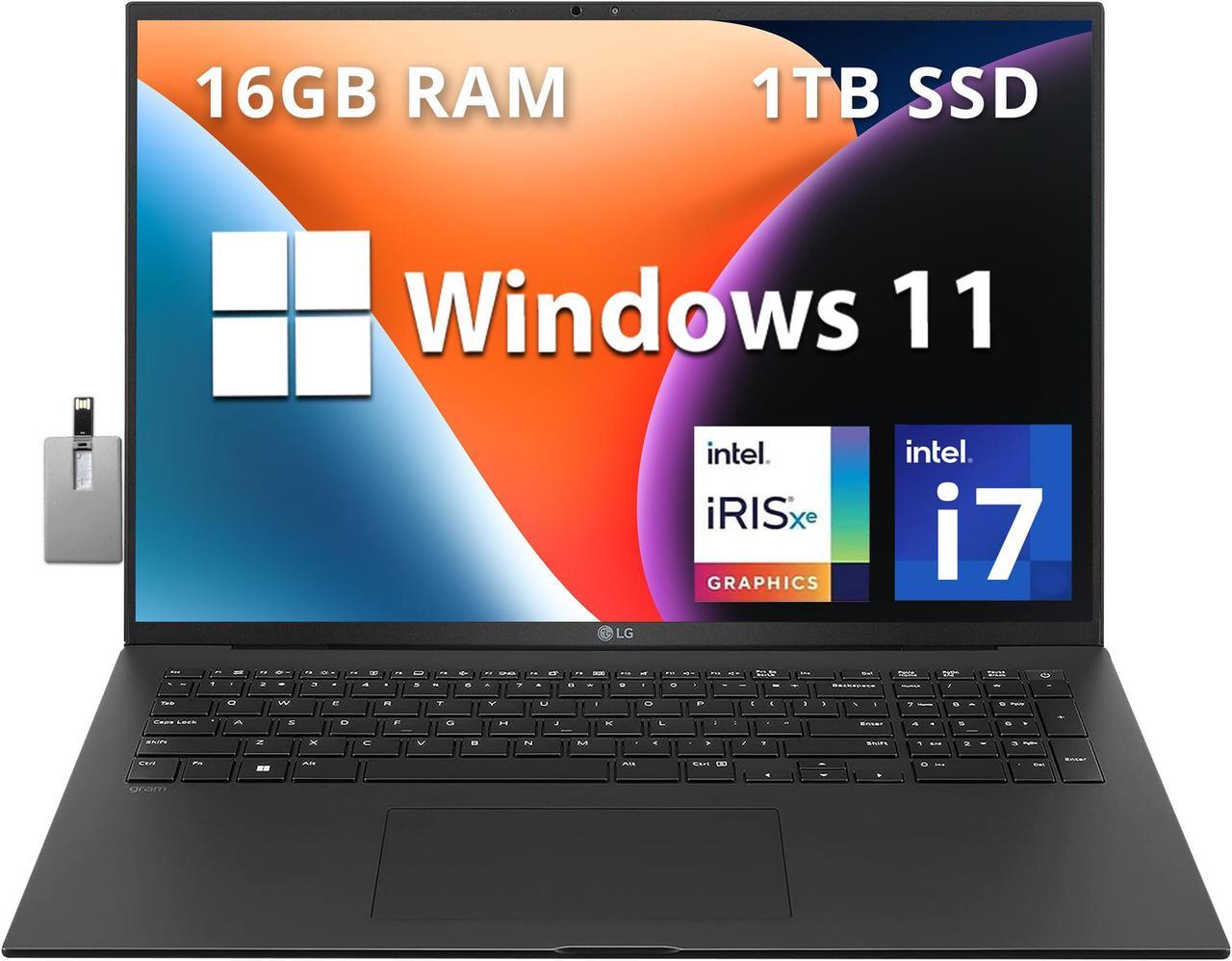 LG gram 17" WQXGA IPS-Type Laptop, 13th Gen Intel Core i7-1360P, 16GB LPDDR4X RAM, 512GB PCIe SSD, Intel Iris Xe Graphics, Backlit Keyboard, HD Webcam, Wi-Fi 6E, Win 11 Pro, Black, 32GB USB Card