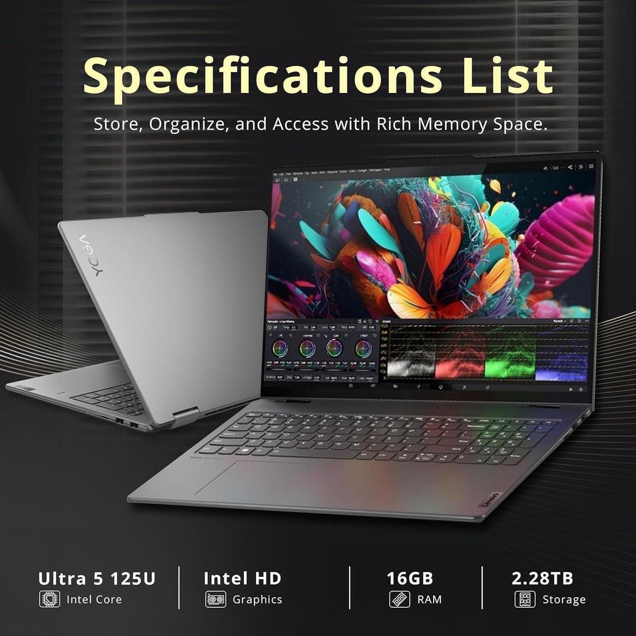 Alt view image 3 of 7 - Lenovo Yoga 7i 2-in-1 16" 2K Touchscreen Laptop, Intel Ultra 5 125U, 16GB LPDDR5X, 800GB Storage (512GB SSD +288GB Docking Station Set), Backlit Keyboard, Fingerprint Reader, WiFi 6E, Win 11 Pro, Grey