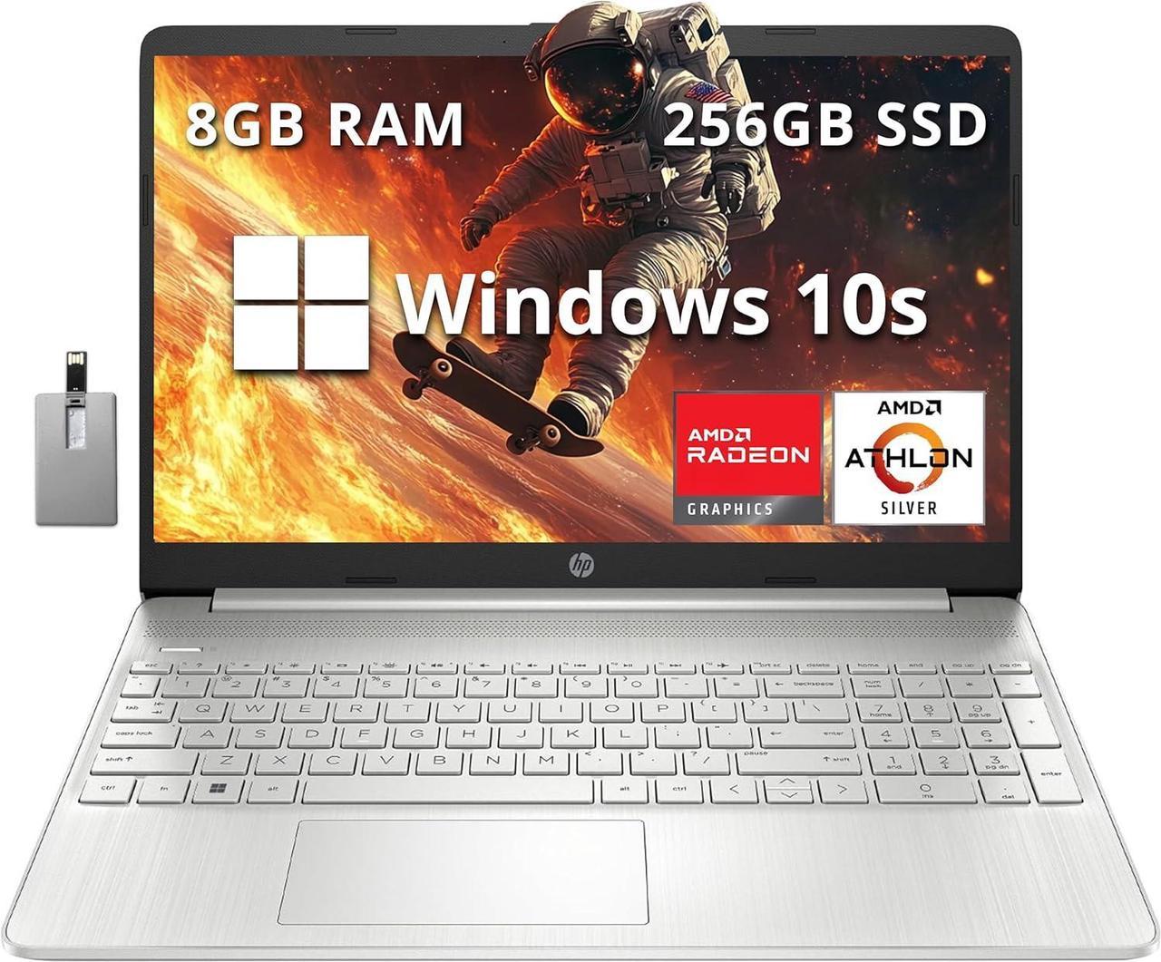 HP 15.6" FHD Laptop Computer, AMD Athlon Silver 3050U, 8GB DDR4 RAM, 256GB SSD, AMD Radeon Graphics, HD Webcam, HDMI, Office 365, Windows 10 S, Silver, 32GB Hotface USB Card