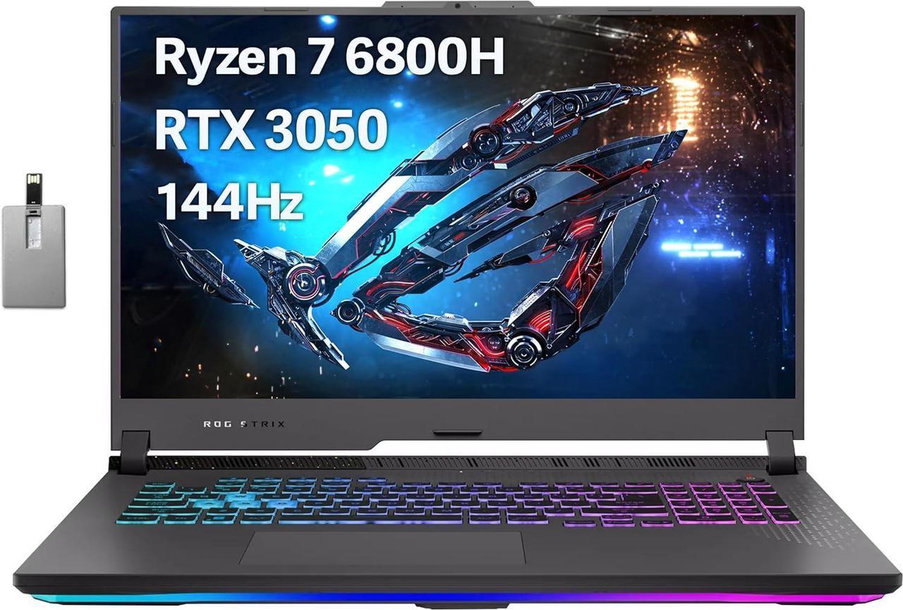 ASUS ROG Strix G17 17.3" 144Hz FHD Gaming Laptop, AMD Ryzen 7 6800H, GeForce RTX 3050, 16GB DDR5, 512GB PCIe SSD, RGB Keyboard, ROG Intelligent Cooling, Win 11 Pro, Grey, 32GB Hotface USB Card