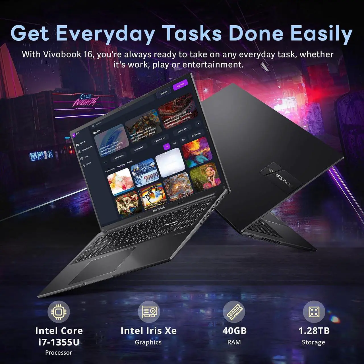 Alt view image 3 of 7 - ASUS Vivobook 16" WUXGA Laptop, Intel i7-1355U, 40GB RAM, 1.28TB Storage(1TB SSD+288GB Docking Station Set), Intel Iris Xe Graphics, Numeric Keypad, 720p HD Webcam, Win 11 Home, Black