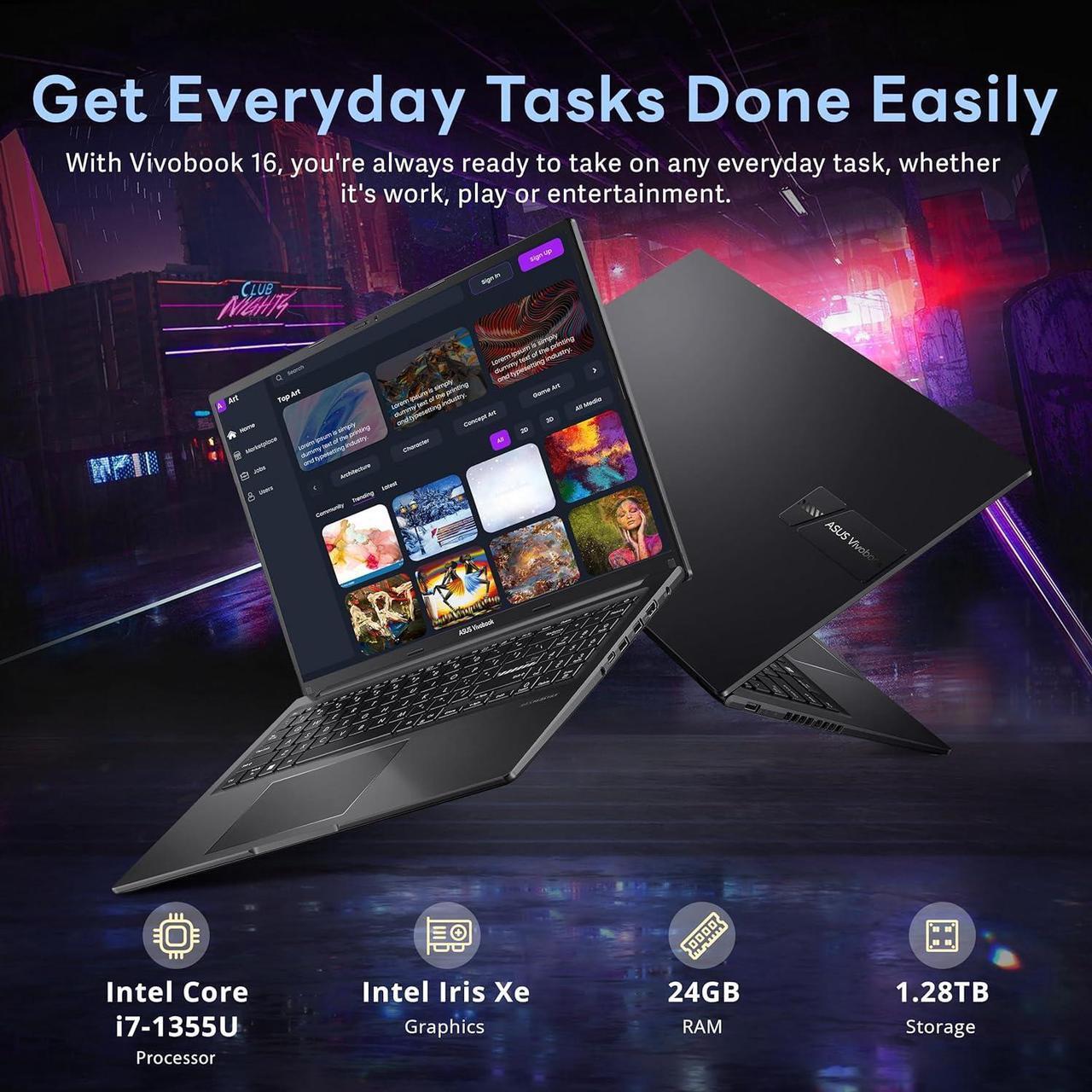 Alt view image 3 of 7 - ASUS Vivobook 16" WUXGA Laptop, Intel i7-1355U, 24GB RAM, 1.28TB Storage(1TB SSD+288GB Docking Station Set), Intel Iris Xe Graphics, Numeric Keypad, 720p HD Webcam, Win 11 Home, Black