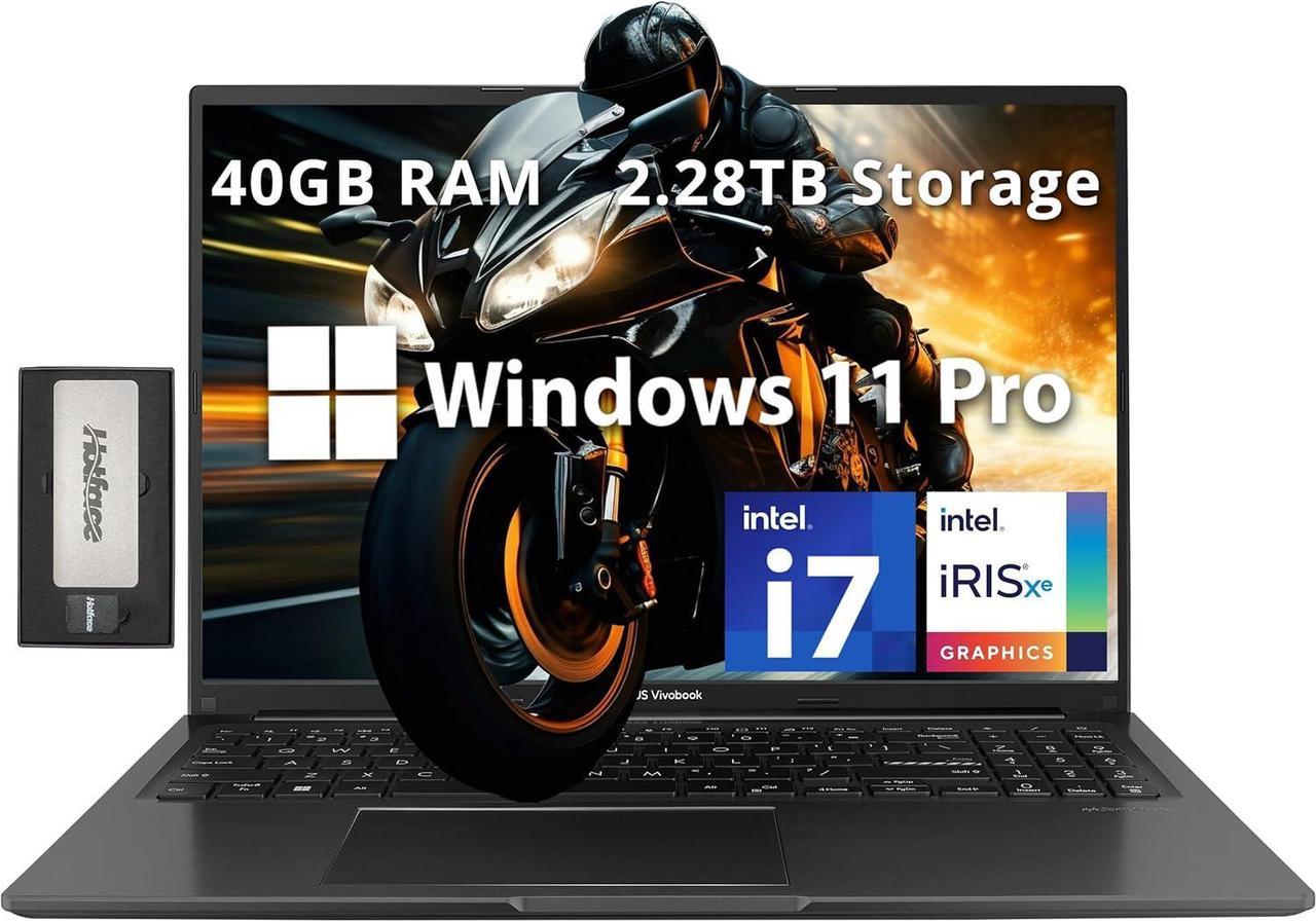 ASUS Vivobook 16" WUXGA Laptop, Intel i7-1355U, 40GB RAM, 2.28TB Storage(2TB SSD+288GB Docking Station Set), Intel Iris Xe Graphics, 720p HD Camera, WiFi 5, Number Pad, Windows 11 Pro, Black