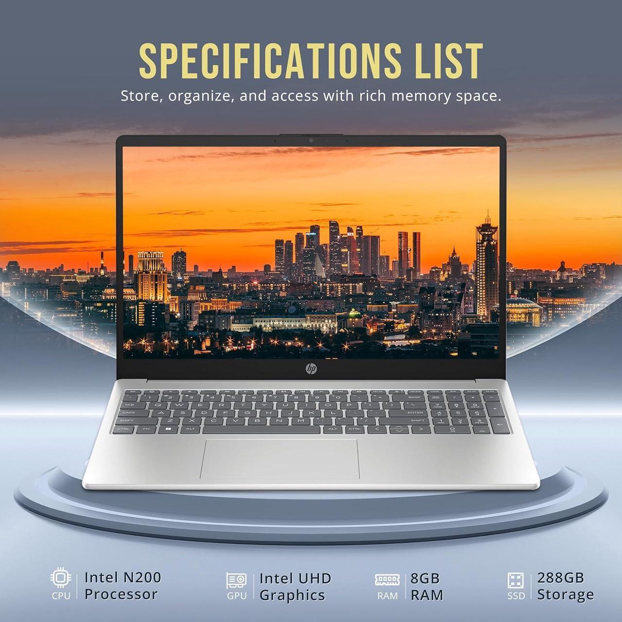 Alt view image 3 of 7 - HP 15.6" HD Laptop, Intel Pentium N200, 8GB DDR4 RAM, 288GB Storage (128GB SSD+160GB Docking Station Set), Intel UHD Graphics, Full Size Keyboard, 720p Camera, 1 Year Office 365, Win 11, Silver