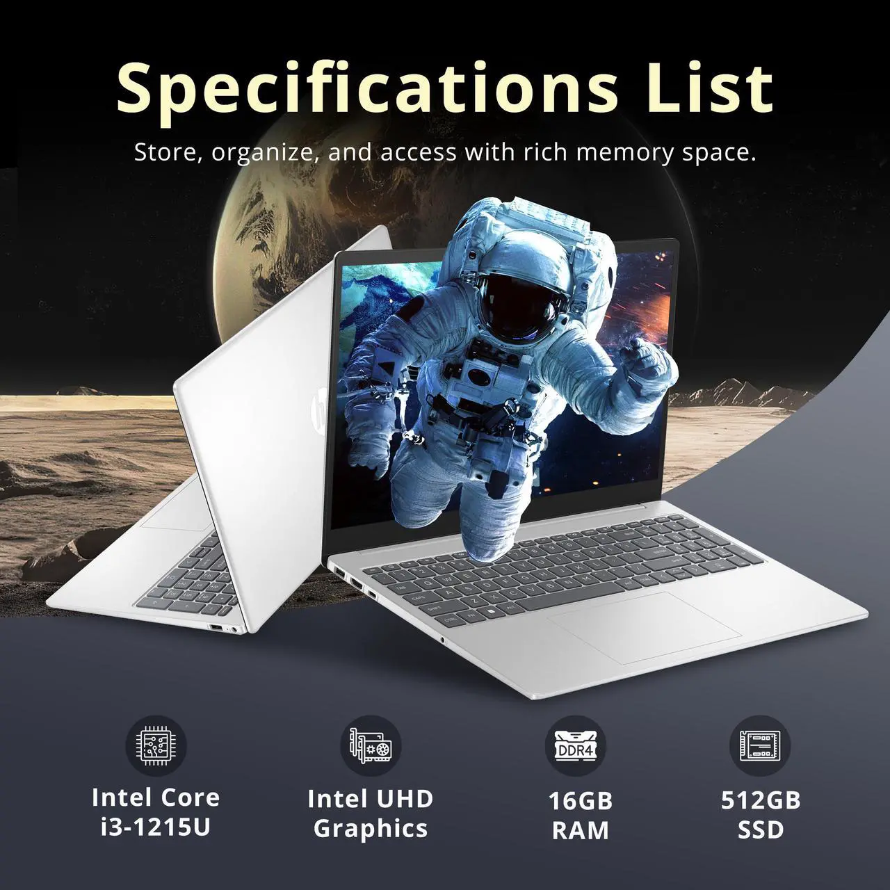 Alt view image 2 of 7 - HP 15.6" HD Touchscreen Laptop, Intel i3-1215U, 16GB RAM, 512GB PCIe SSD, Intel UHD Graphics, Num Pad, 720p Webcam, Fast Charge, Win 11, Silver, 128GB Hotface USB Card