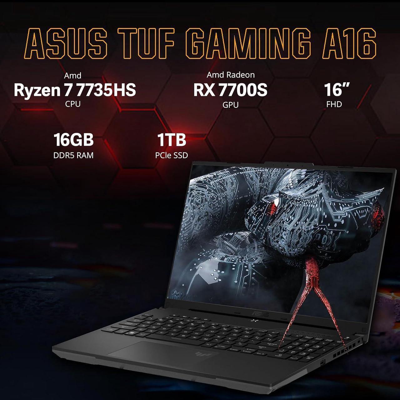 Alt view image 3 of 7 - ASUS TUF A16 16" 165Hz FHD Gaming Laptop, AMD Ryzen 7-7735HS, 16GB DDR5, 1TB PCIe SSD, AMD Radeon RX 7700S, Backlit Keyboard, Dolby Atmos, WiFi 6, Off Black, Win 11 Pro, 256GB Docking Station Set