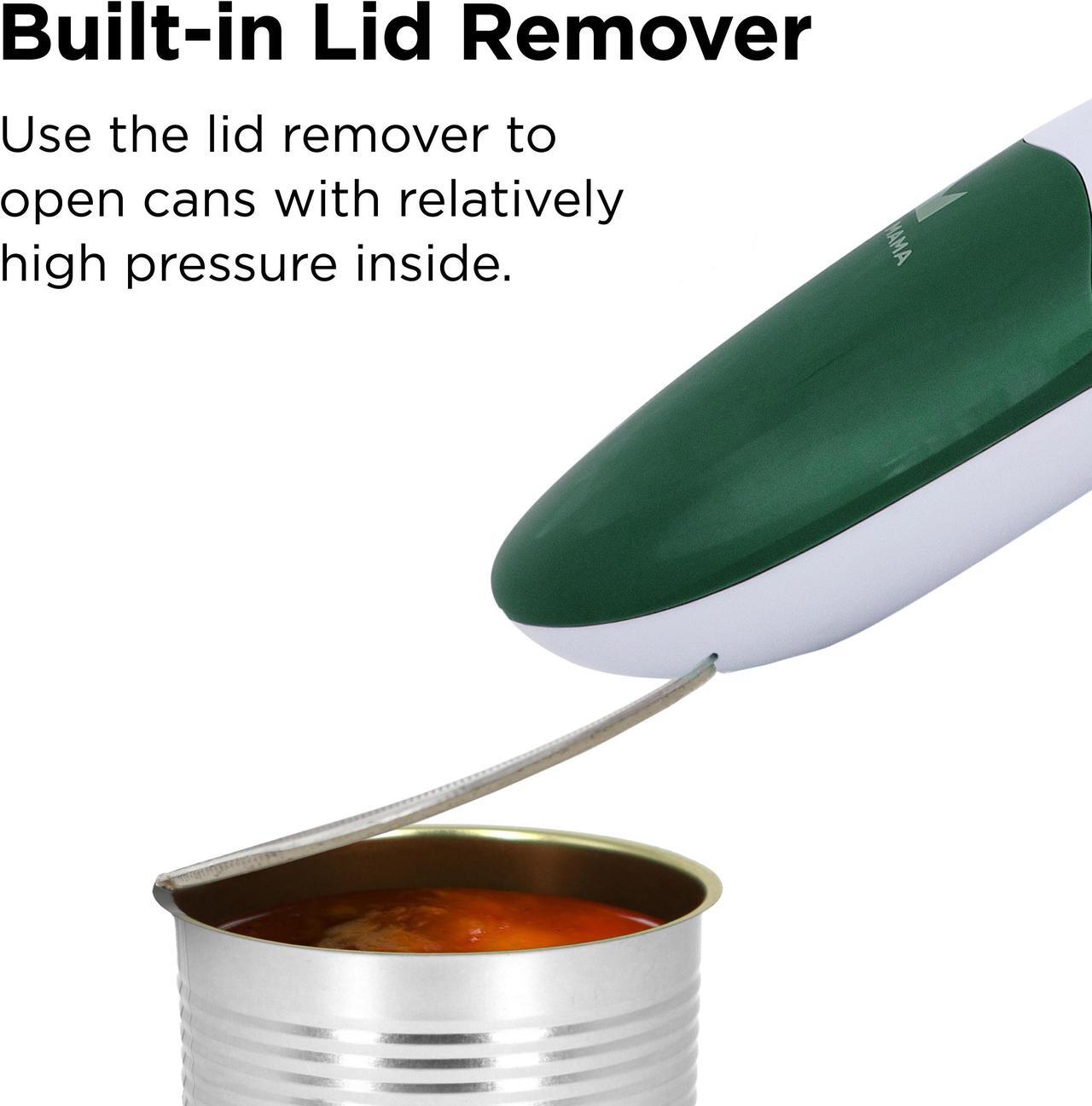 Alt view image 5 of 6 - Kitchen Mama Electric Can Opener 2.0: Upgraded Blade Opens Any Can Shape - No Sharp Edge, Food-Safe, Handy with Lid Lift, Battery Operated Handheld Can Opener (Alpine Green)