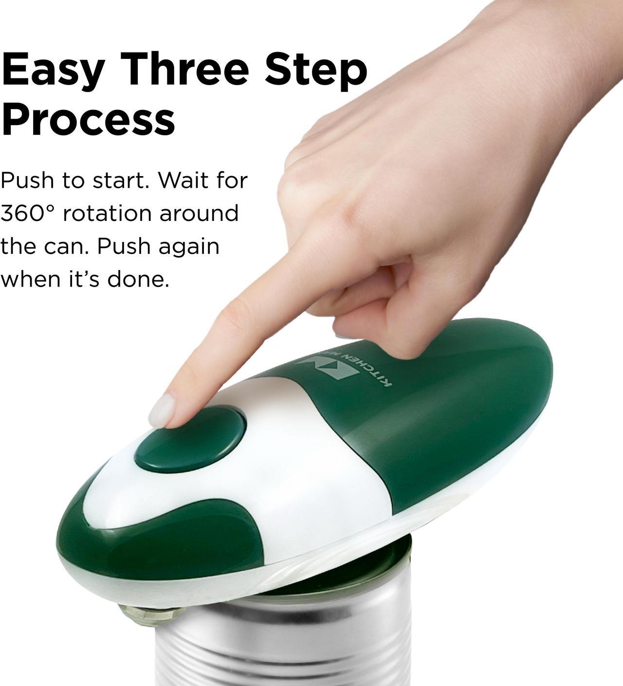 Alt view image 4 of 6 - Kitchen Mama Electric Can Opener 2.0: Upgraded Blade Opens Any Can Shape - No Sharp Edge, Food-Safe, Handy with Lid Lift, Battery Operated Handheld Can Opener (Alpine Green)