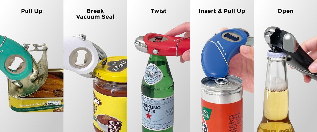 Alt view image 3 of 7 - Kitchen Mama Epic One Multifunction Opener: A Pick Ergonomic Opener- Magnetic Bottle Opener, Beer & Soda Can Opener, Pull Tab Opener, Jar Opener for Weak Hands and Arthritis, Funny Gift (Blue)
