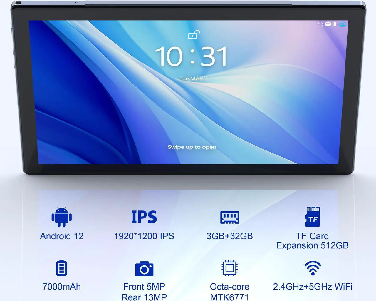 Alt view image 3 of 6 - BYYBUO Tablet 10.1 inch Android 12 Tablets, 3GB RAM+32GB ROM, 1920x1200 IPS FHD Display, 7000mAh Battery, 5.0MP+13.0MP Camera, Octa-Core Processor, 2.4G+5G WiFi, Bluetooth, GPS, FM (2024 Gray)