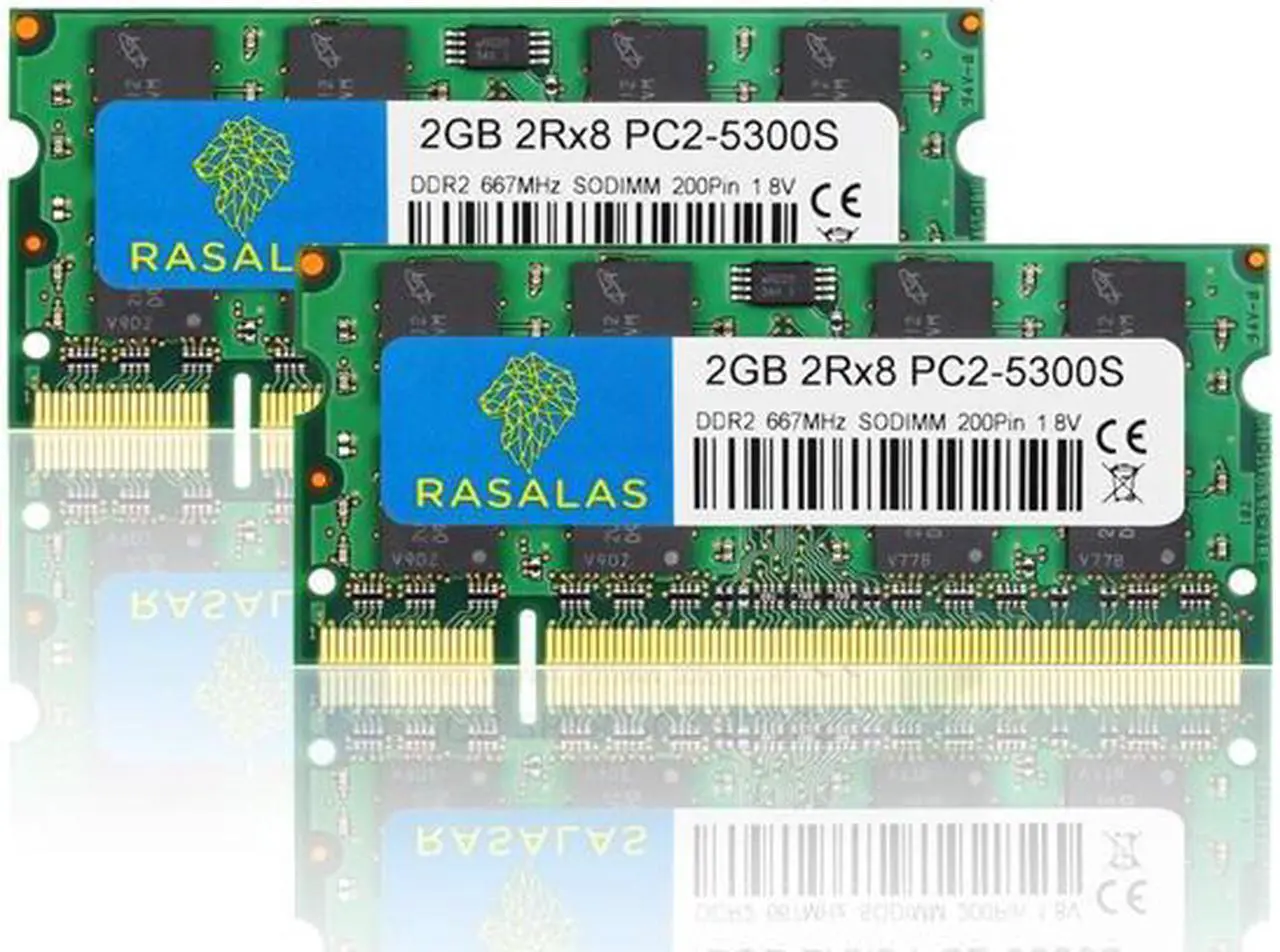 Main image of Rasalas PC2-5300 KIT 4GB(2X2GB) DDR2 667 DDR2 4GB Kit (2x2GB) DDR2 PC2-5300S DDR2 Sodimm PC2-5300S 1.8V CL5 RAM Memory Modules for Intel, MAC, AMD System Notebook Laptop