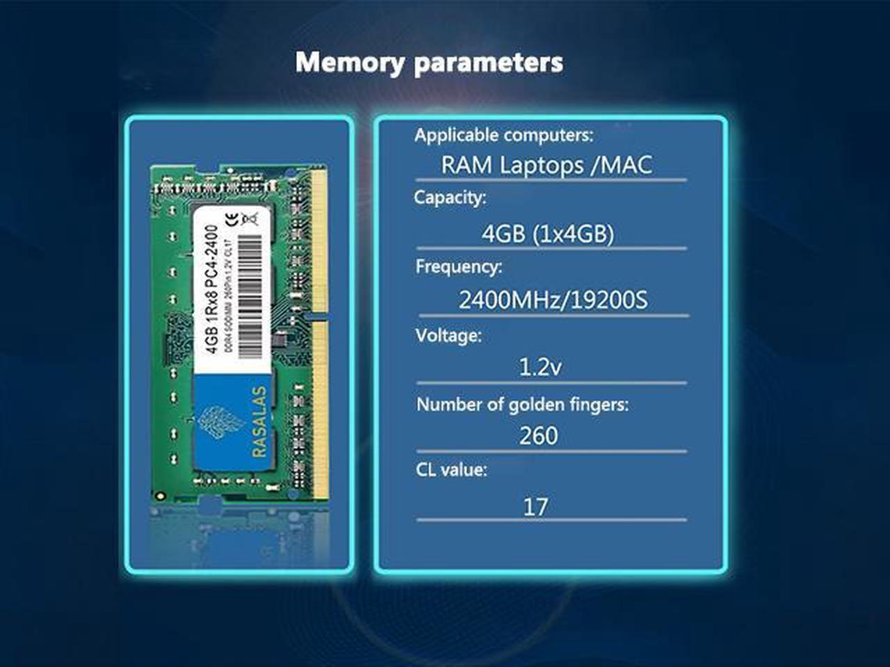 Alt view image 3 of 5 - RASALAS 4GB DDR4 2400MHz (DDR4-2400) PC4-19200 (PC4-2400T) Non-ECC Unbuffered 1.2V CL17 1Rx8 Single Rank 260 Pin SODIMM Laptop Memory RAM Module Upgrade Green