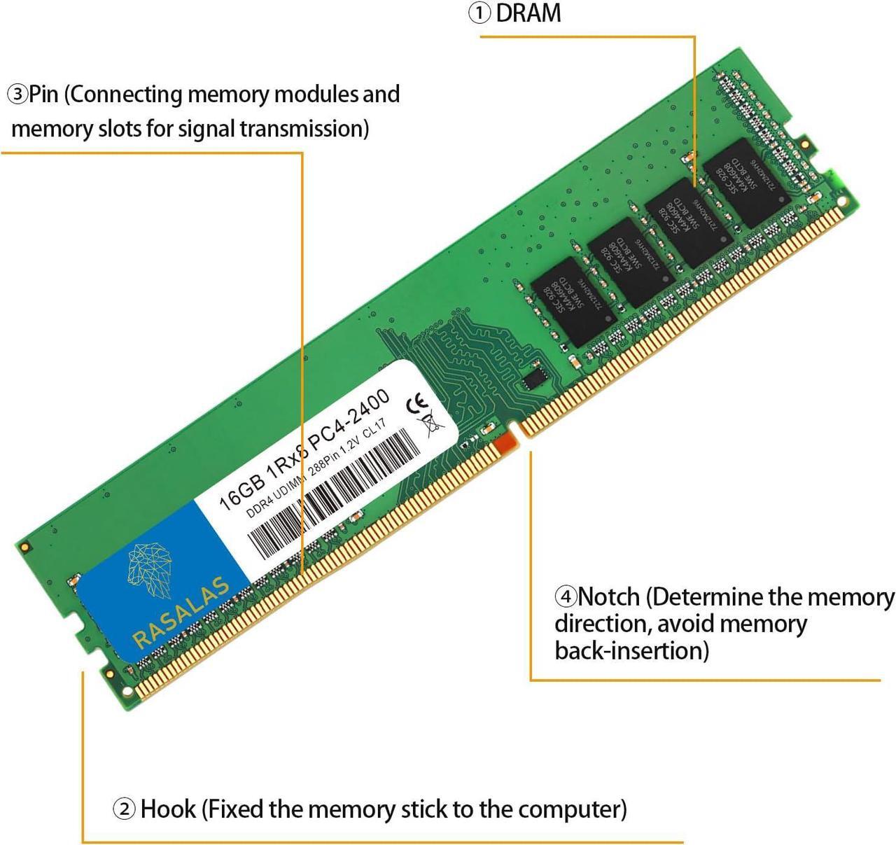 Alt view image 4 of 7 - Rasalas 16GB DDR4 2400MHz PC4-19200 Non-ECC Unbuffered 1.2V CL17 1Rx8 Single 288 Pin UDIMM Memory for Desktop Computers