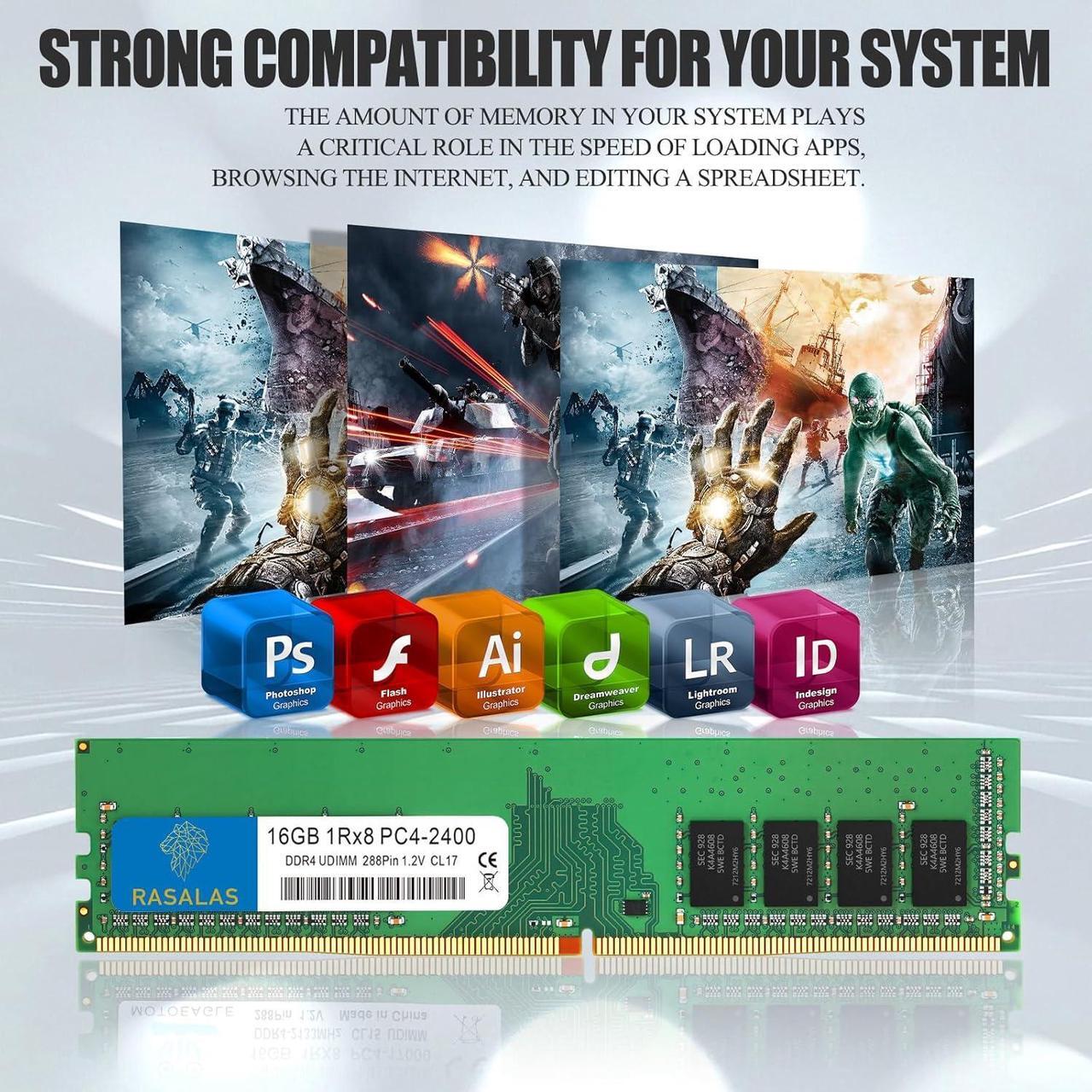 Alt view image 6 of 7 - Rasalas 16GB DDR4 2400MHz PC4-19200 Non-ECC Unbuffered 1.2V CL17 1Rx8 Single 288 Pin UDIMM Memory for Desktop Computers