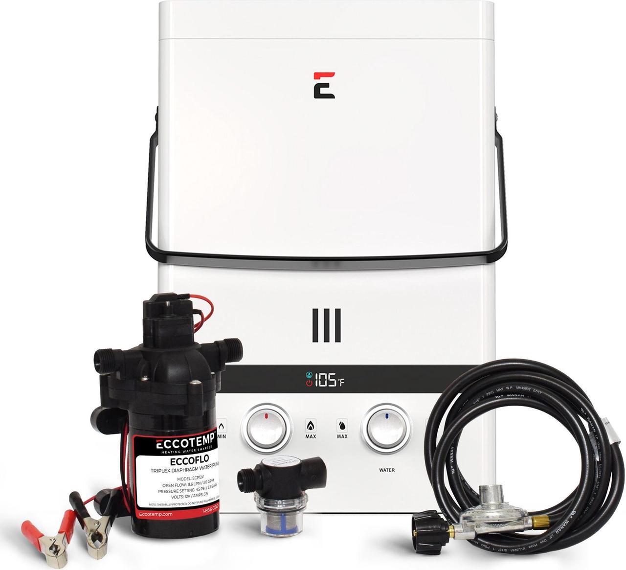 Eccotemp Luxé 1.85 GPM Outdoor Portable Tankless Water Heater w/ EccoFlo Diaphragm 12V Pump and Strainer