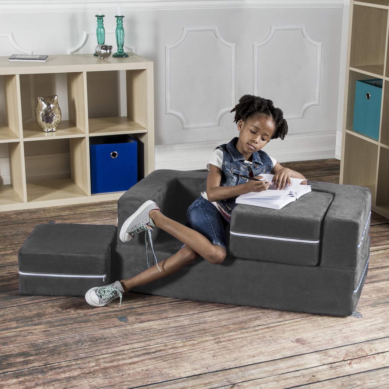 Alt view image 4 of 7 - Jaxx Zipline Convertible Sleeper Sofa & Three Ottomans / California King-Size Bed, Textured Microvelvet - Charcoal