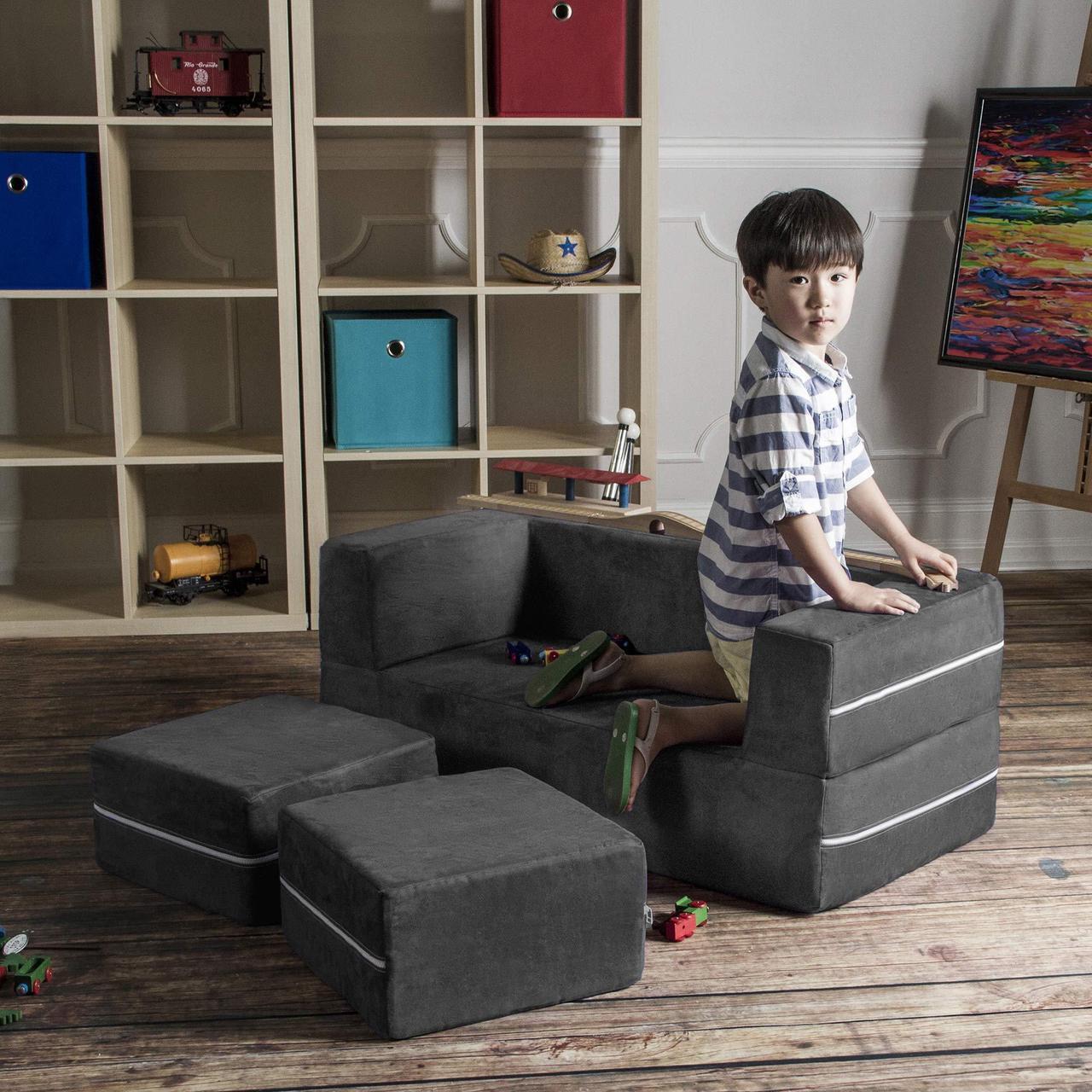 Alt view image 5 of 7 - Jaxx Zipline Convertible Sleeper Sofa & Three Ottomans / California King-Size Bed, Textured Microvelvet - Charcoal