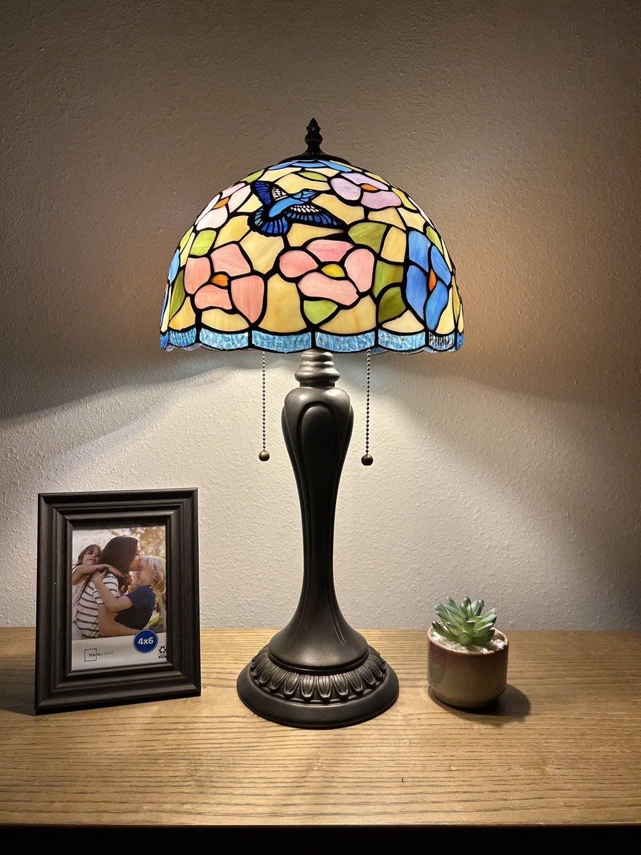 Main image of Tiffany Style Table Lamp Pink Blue Stained Glassa Hummingbird Flowers for Living Room Bedroom Bedside 12"W*12"D*22"H