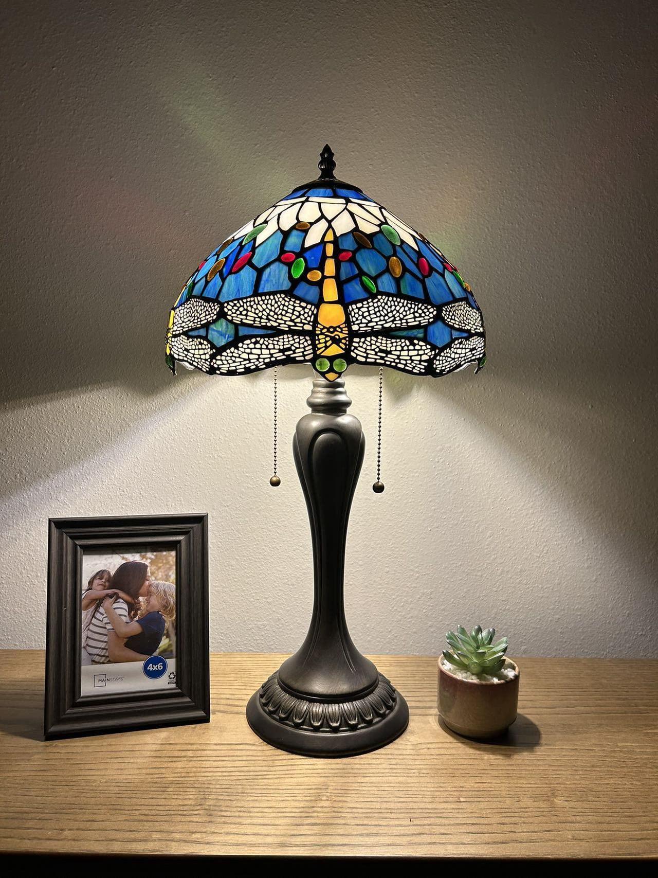 Main image of Tiffany Table Lamp Dragonfly Blue Stained Glass Included LED Bulbs for Living Room Bedroom Bedside  12"W*12"D*22"H