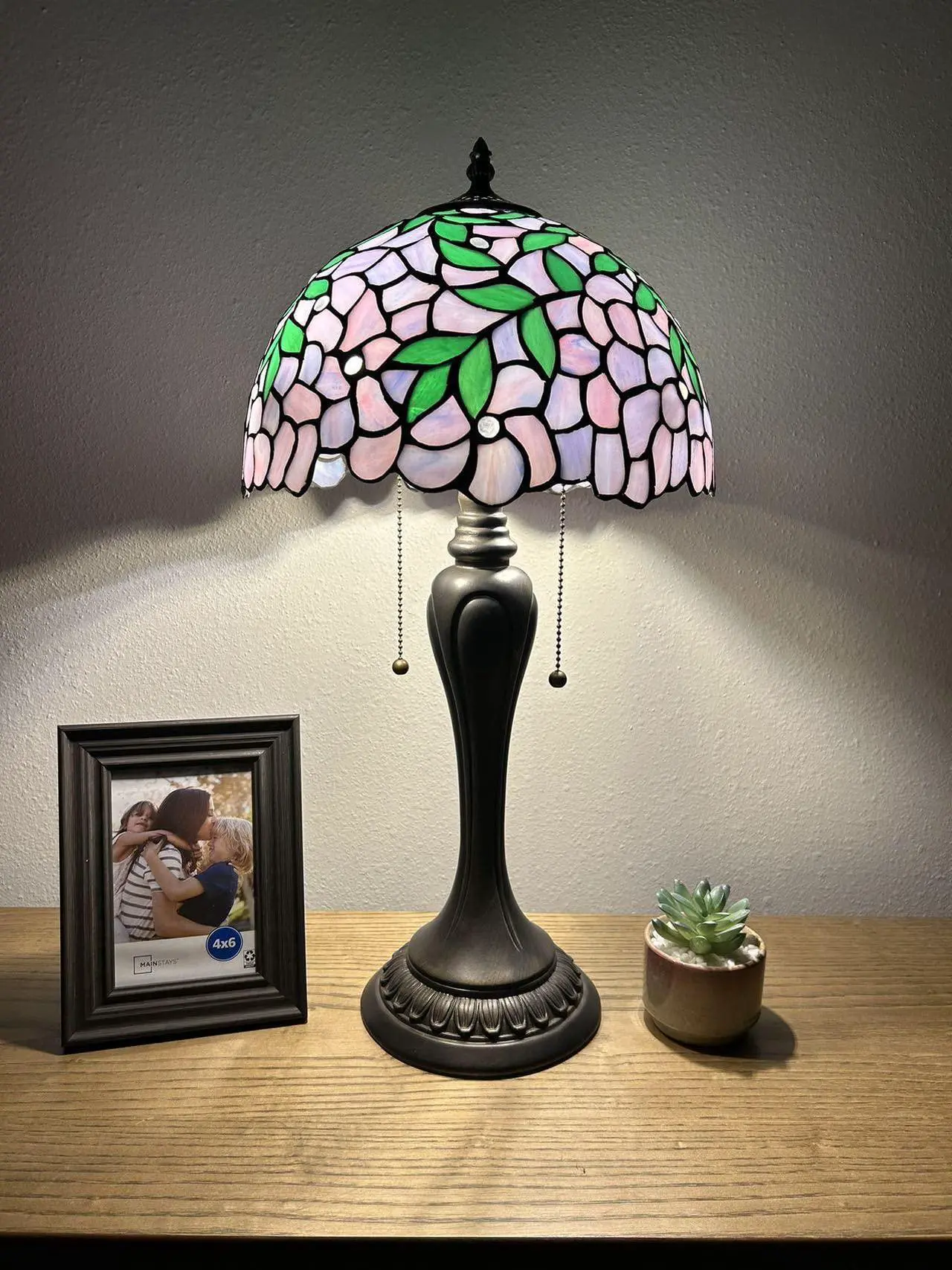 Main image of ENJOY DECOR LAMPS Tiffany Style Table Lamp Purple Stained Glass Green Leaves LED Bulbs Included for Living Room  Bedroom Bedside 12"W*12"D*22"H