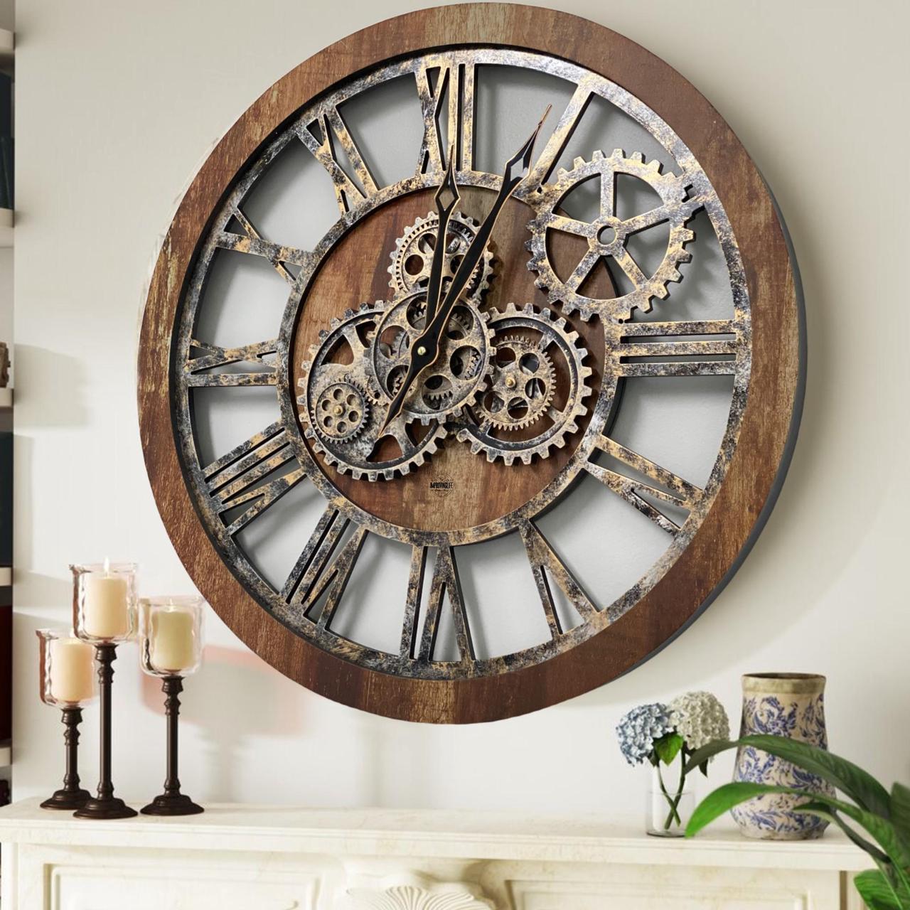 The Gears Clock 24'' Inch Real Moving Gear Wall Clock Vintage Industrial Oversized Rustic Farmhouse (Vintage Brown)