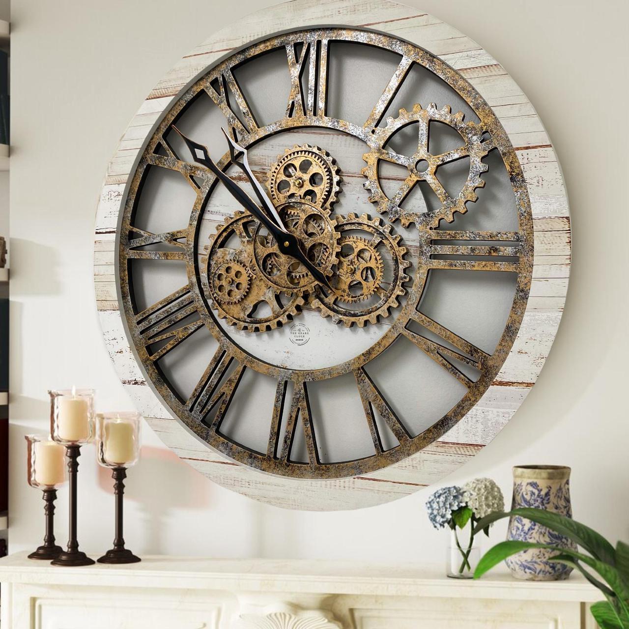 The Gears Clock 24'' Inch Real Moving Gear Wall Clock Vintage Industrial Oversized Rustic Farmhouse (Vintage Desert Beige and Bronze)