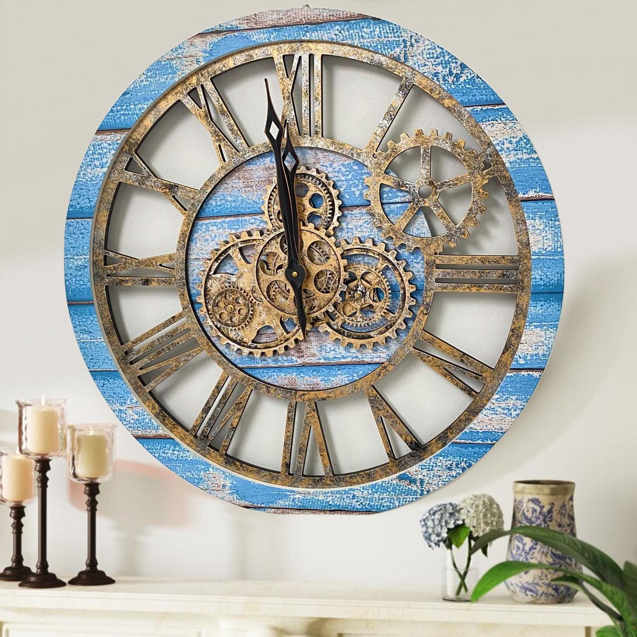 The Gears Clock 24'' Inch Real Moving Gear Wall Clock Vintage Industrial Oversized Rustic Farmhouse (Vintage Ocean Blue and Bronze)