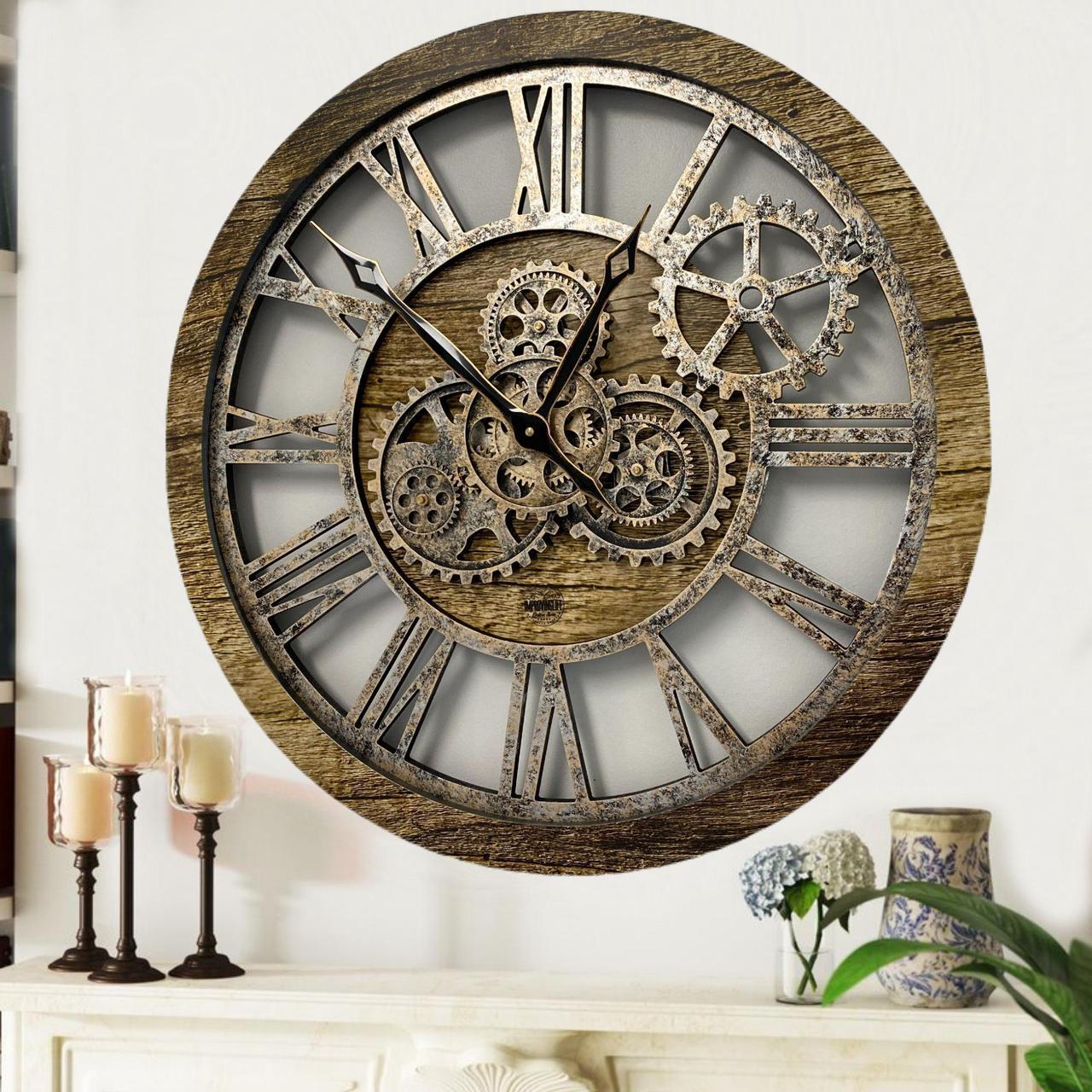 The Gears Clock 24'' Inch Real Moving Gear Wall Clock Vintage Industrial Oversized Rustic Farmhouse (GOLD ANTIQUE)