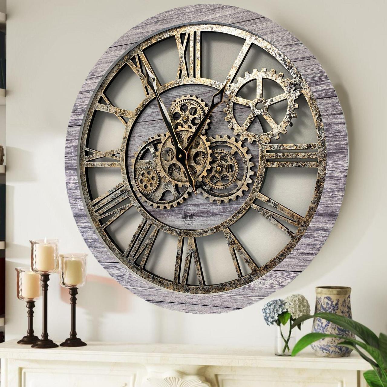 The Gears Clock 24'' Inch Real Moving Gear Wall Clock Vintage Industrial Oversized Rustic Farmhouse (SILVER GLAMOUR)