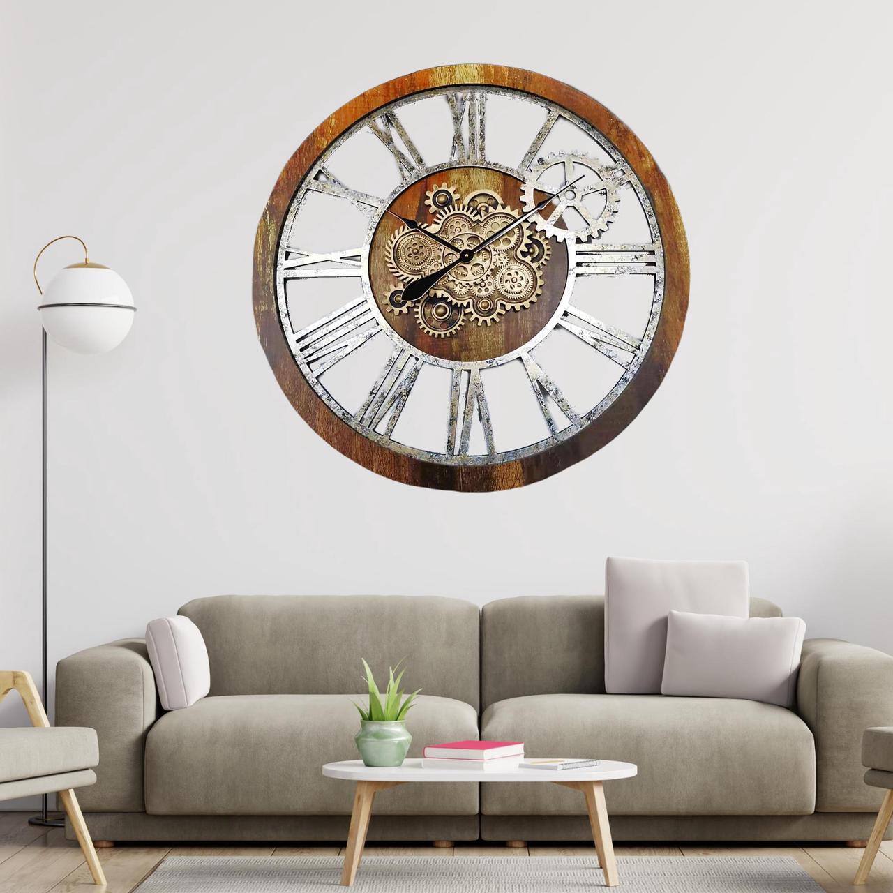 Alt view image 6 of 6 - The Gears Clock 36'' Inch Real Moving Gear Wall Clock Vintage Industrial Oversized Rustic Farmhouse Vintage Brown