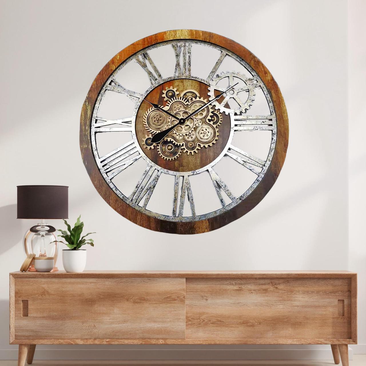 Alt view image 4 of 6 - The Gears Clock 36'' Inch Real Moving Gear Wall Clock Vintage Industrial Oversized Rustic Farmhouse Vintage Brown