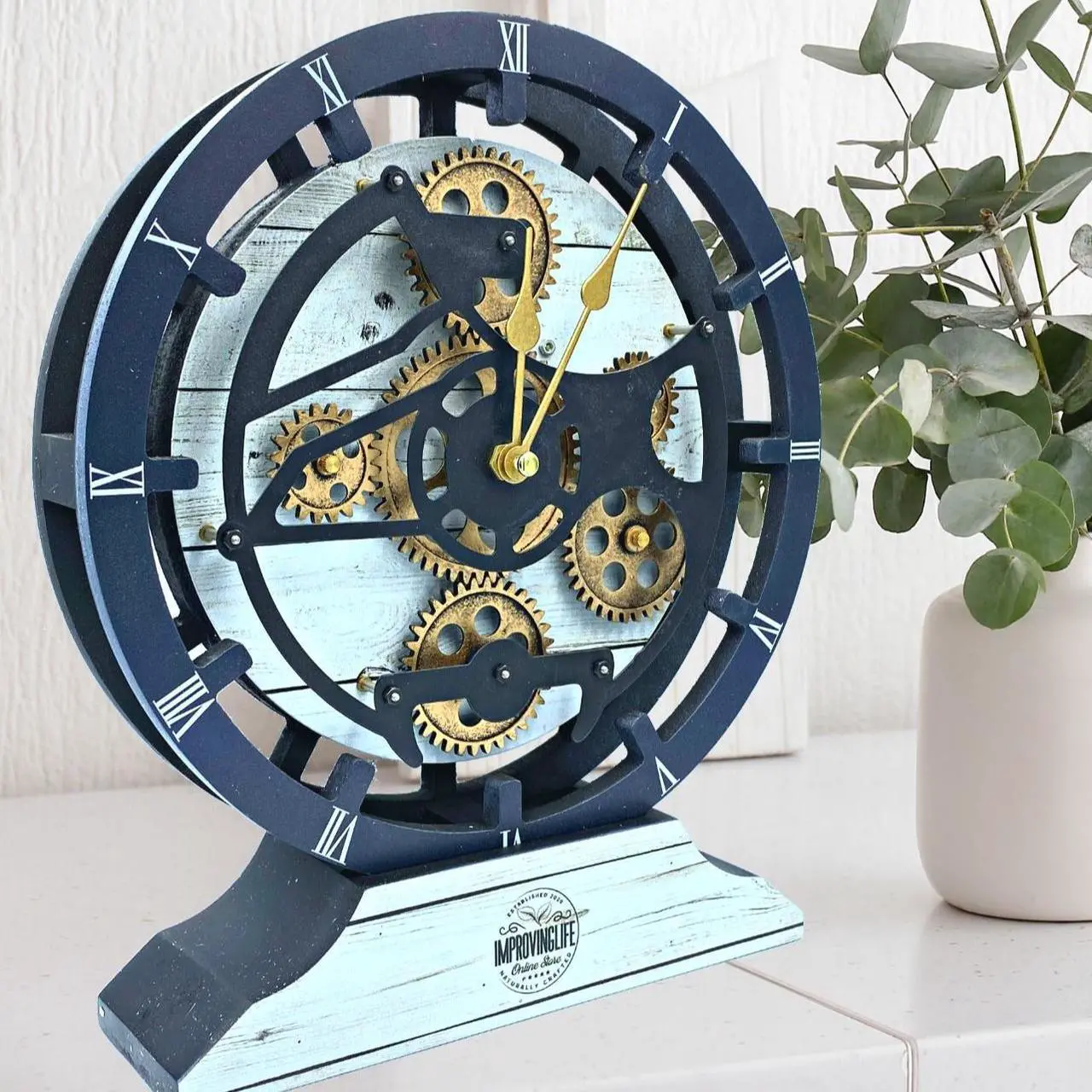 Main image of The Gears Clock Desk Clock 10 Inches With Real Moving Gear Convertible Into Wall Clock White Farmhouse