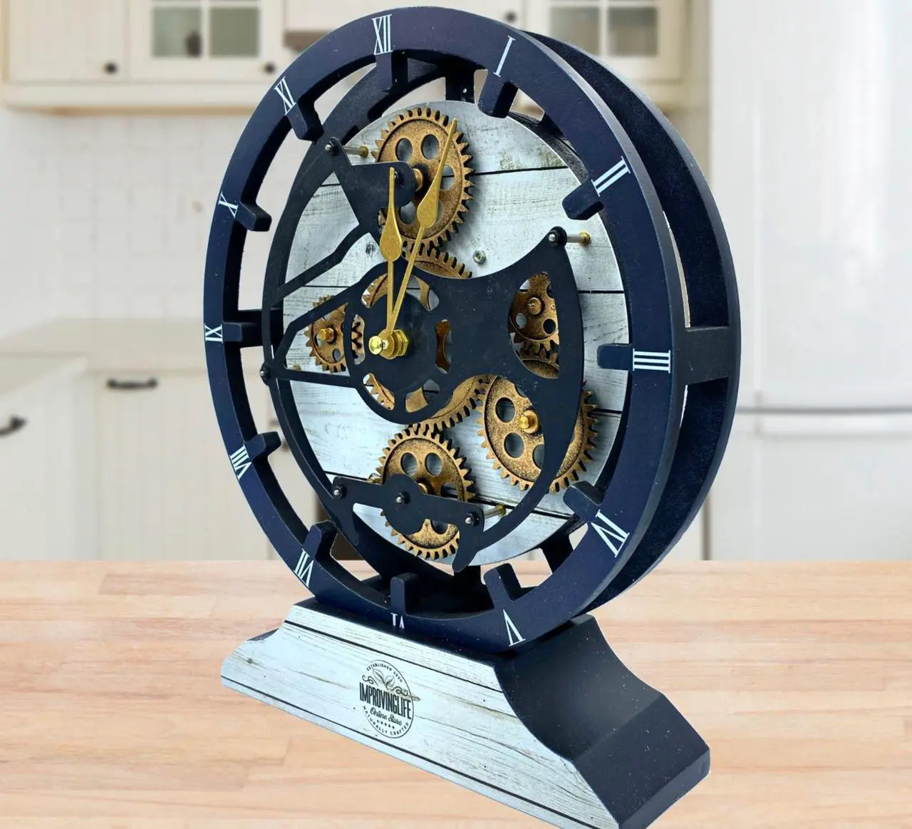 Alt view image 5 of 6 - The Gears Clock Desk Clock 10 Inches With Real Moving Gear Convertible Into Wall Clock White Farmhouse