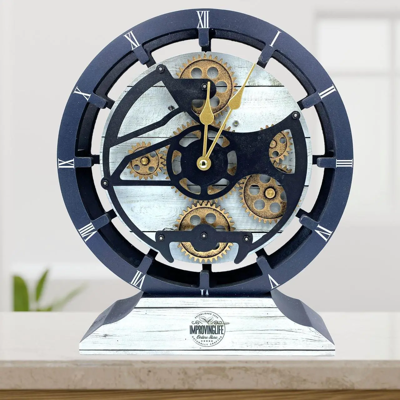 Alt view image 4 of 6 - The Gears Clock Desk Clock 10 Inches With Real Moving Gear Convertible Into Wall Clock White Farmhouse