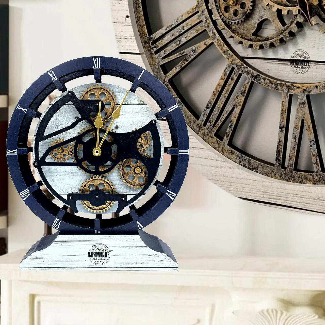 Alt view image 3 of 6 - The Gears Clock Desk Clock 10 Inches With Real Moving Gear Convertible Into Wall Clock White Farmhouse