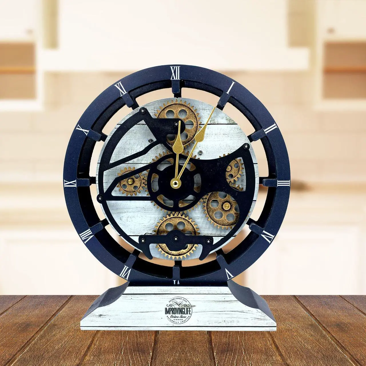 Alt view image 2 of 6 - The Gears Clock Desk Clock 10 Inches With Real Moving Gear Convertible Into Wall Clock White Farmhouse