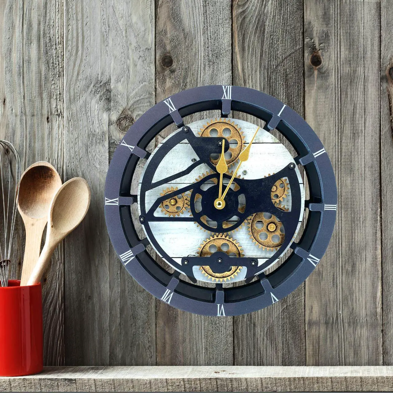 Alt view image 6 of 6 - The Gears Clock Desk Clock 10 Inches With Real Moving Gear Convertible Into Wall Clock White Farmhouse