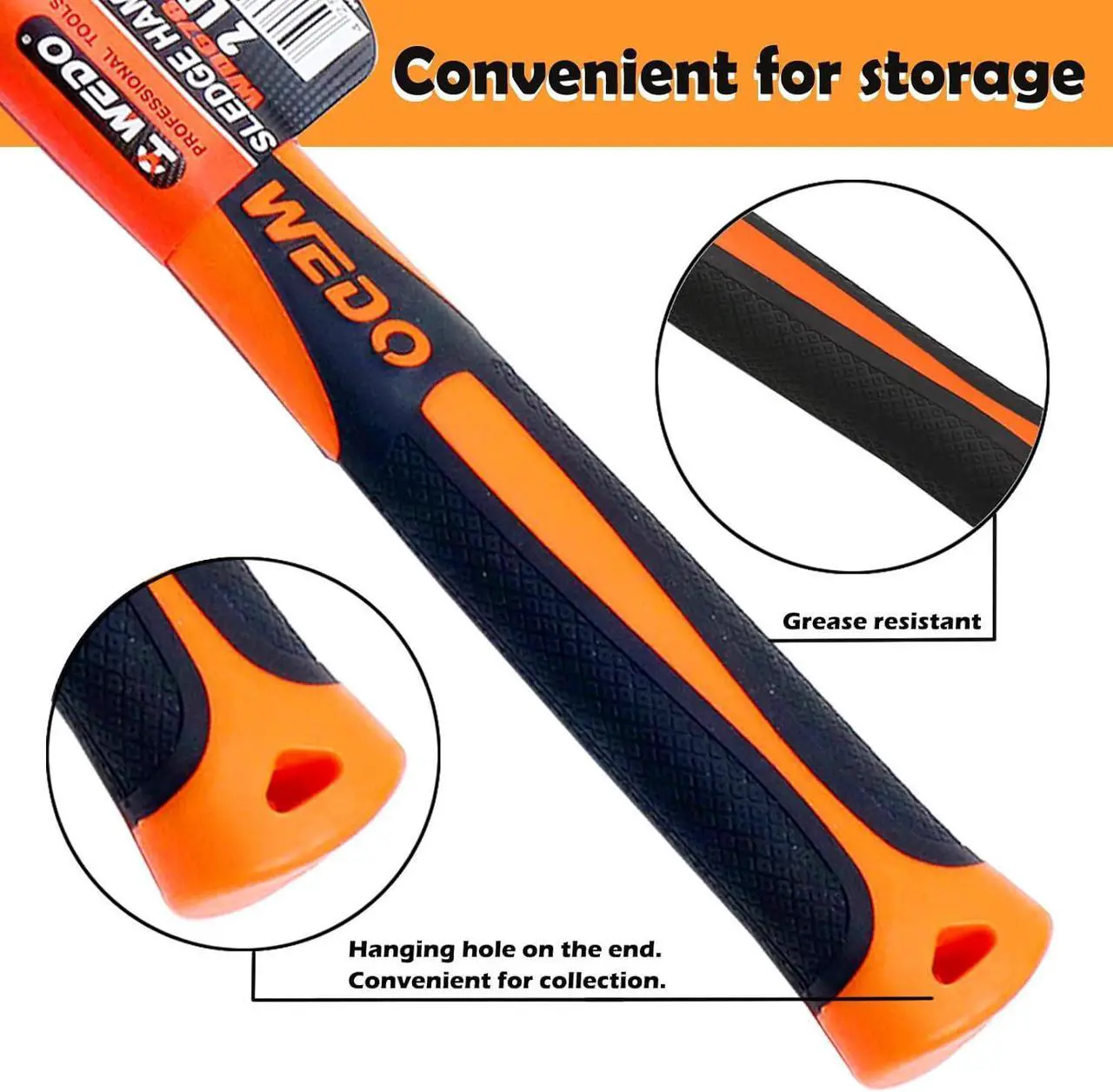 Alt view image 5 of 6 - WEDO Sledge Hammer with Fiberglass Handle, 4lb Drilling Hammer, Club Hammer, Crack Hammer, High Carbon Steel Hammer, Length 15", Shock Resistant, Non-Slip Handle