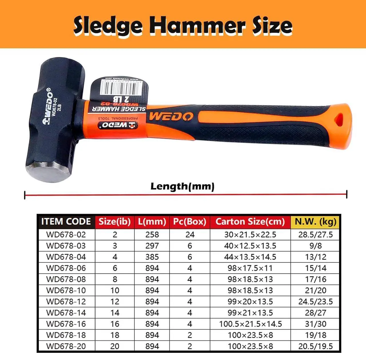 Alt view image 3 of 6 - WEDO Sledge Hammer with Fiberglass Handle, 4lb Drilling Hammer, Club Hammer, Crack Hammer, High Carbon Steel Hammer, Length 15", Shock Resistant, Non-Slip Handle