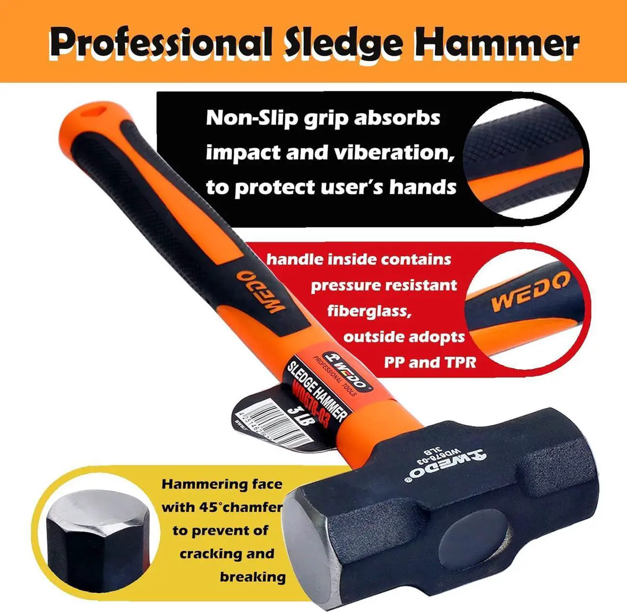Alt view image 4 of 6 - WEDO 2lb Sledge Hammer with Fiberglass Handle, Club Hammer, Drilling Hammer, Crack Hammer, High Carbon Steel Hammer, Length 258mm,Shock Resistant, Non-Slip Handle, Die-forged, Strong Torque