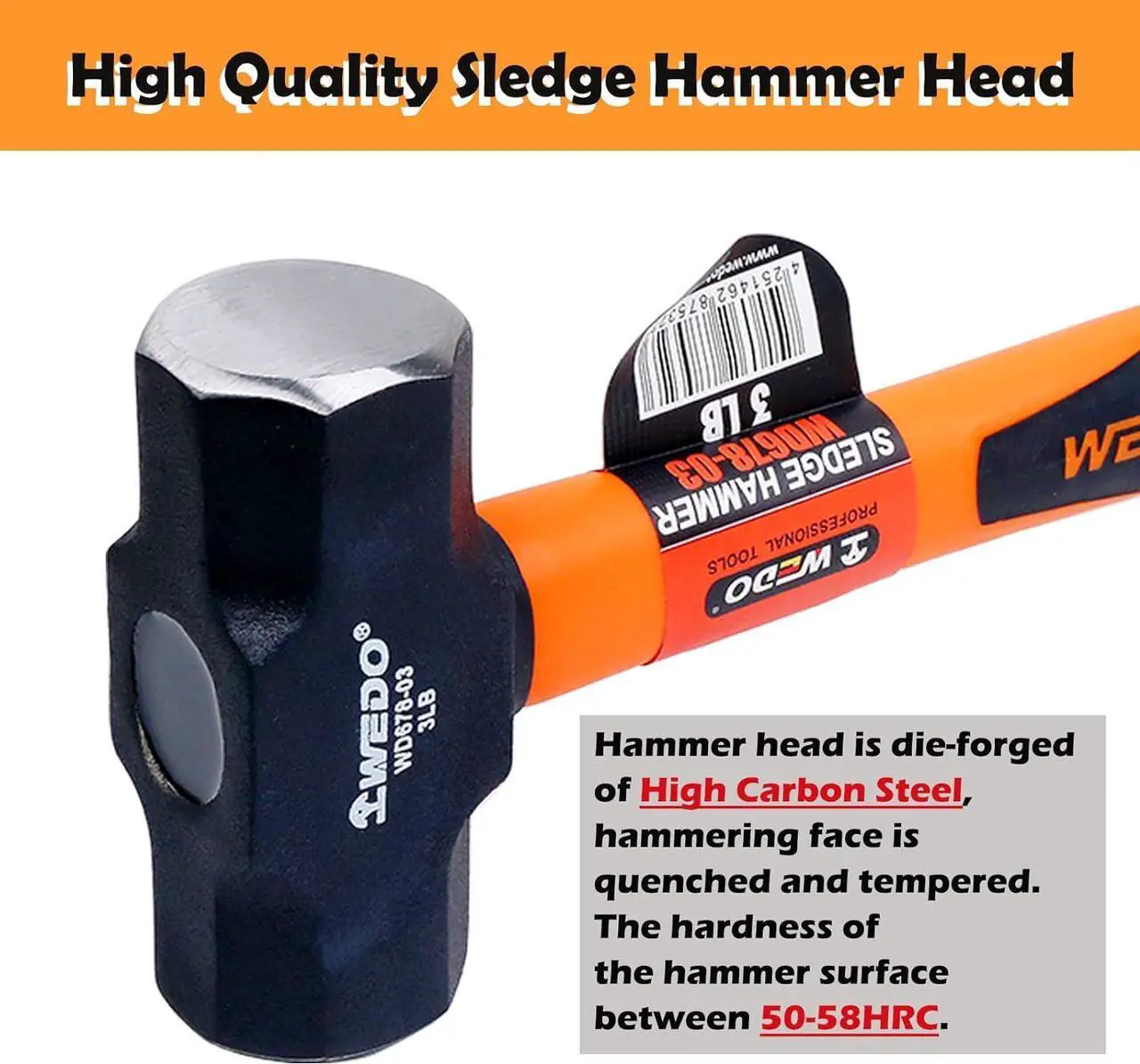 Alt view image 2 of 6 - WEDO 8lb Sledge Hammer with Fiberglass Handle, Club Hammer, Drilling Hammer, Crack Hammer, High Carbon Steel Hammer, Length 894mm,Shock Resistant